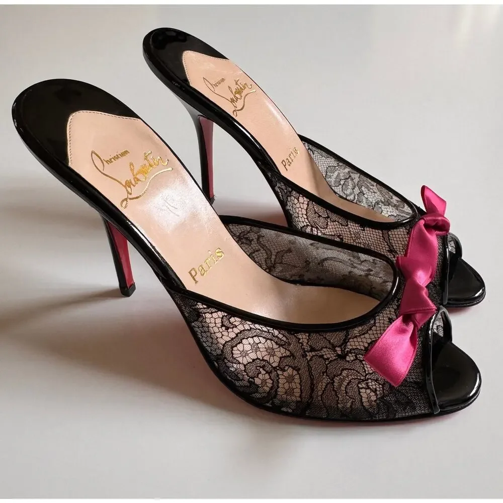 Christian Louboutin Black Lace Pink Accent Bow Peep Toe Mule Slide Size 39 US 9